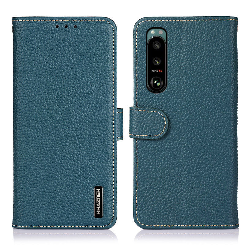 KHAZNEH Litchi Skin Surface Top Layer Genuine Leather Wallet Cover Case for Sony Xperia 5 III 5G