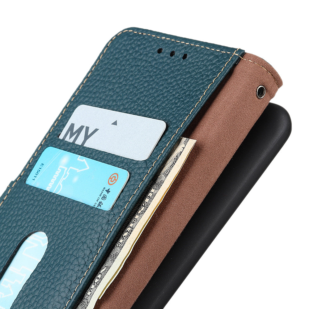 KHAZNEH Litchi Skin Surface Top Layer Genuine Leather Wallet Cover Case for Sony Xperia 5 III 5G