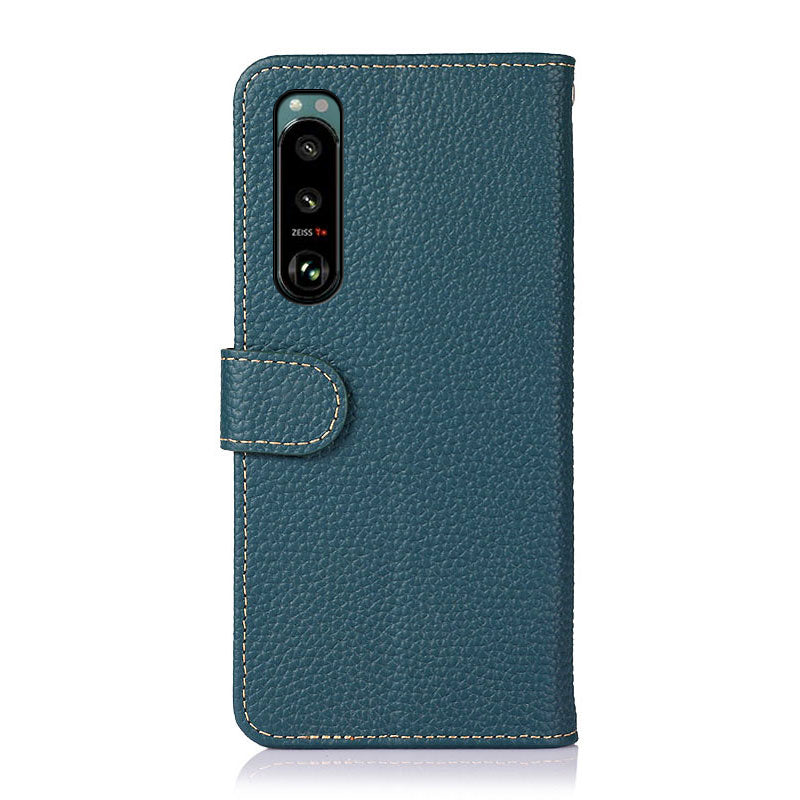 KHAZNEH Litchi Skin Surface Top Layer Genuine Leather Wallet Cover Case for Sony Xperia 5 III 5G