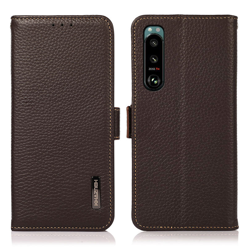 KHAZNEH Litchi Texture Genuine Leather RFID Blocking Well-Protected Phone Case with Anti-theft Swiping Design for Sony Xperia 5 III 5G