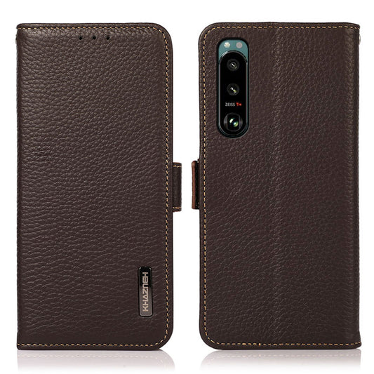 KHAZNEH Litchi Texture Genuine Leather RFID Blocking Well-Protected Phone Case with Anti-theft Swiping Design for Sony Xperia 5 III 5G