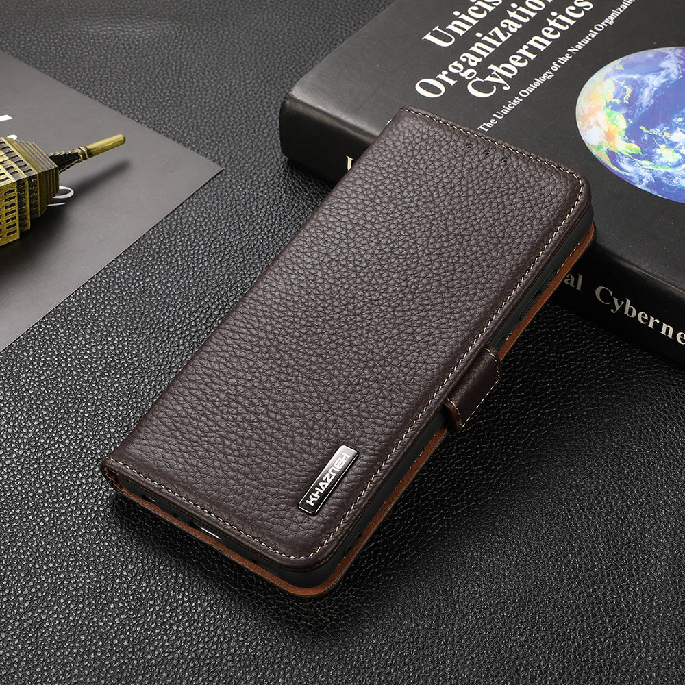 KHAZNEH Litchi Texture Genuine Leather RFID Blocking Well-Protected Phone Case with Anti-theft Swiping Design for Sony Xperia 5 III 5G