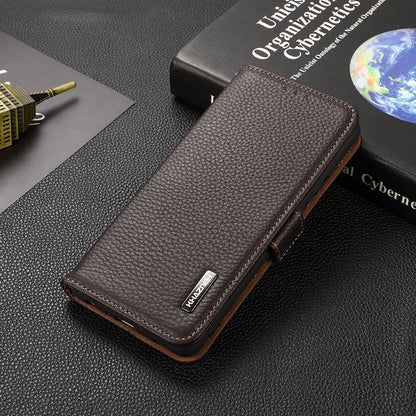KHAZNEH Litchi Texture Genuine Leather RFID Blocking Well-Protected Phone Case with Anti-theft Swiping Design for Sony Xperia 5 III 5G
