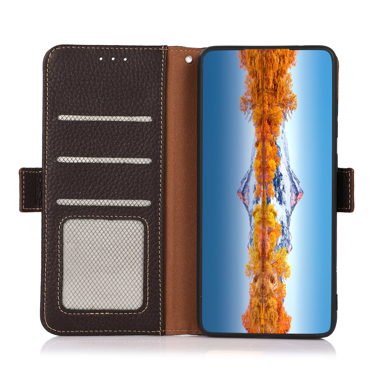 KHAZNEH Litchi Texture Genuine Leather RFID Blocking Well-Protected Phone Case with Anti-theft Swiping Design for Sony Xperia 5 III 5G