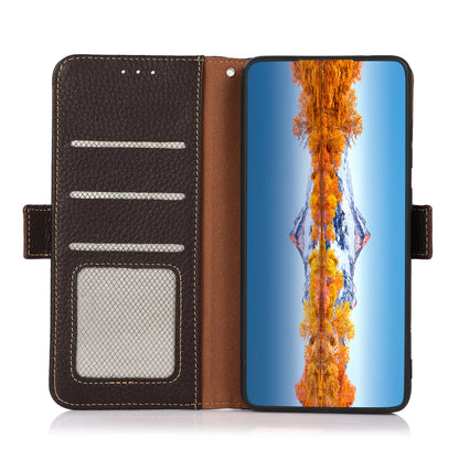 KHAZNEH Litchi Texture Genuine Leather RFID Blocking Well-Protected Phone Case with Anti-theft Swiping Design for Sony Xperia 5 III 5G