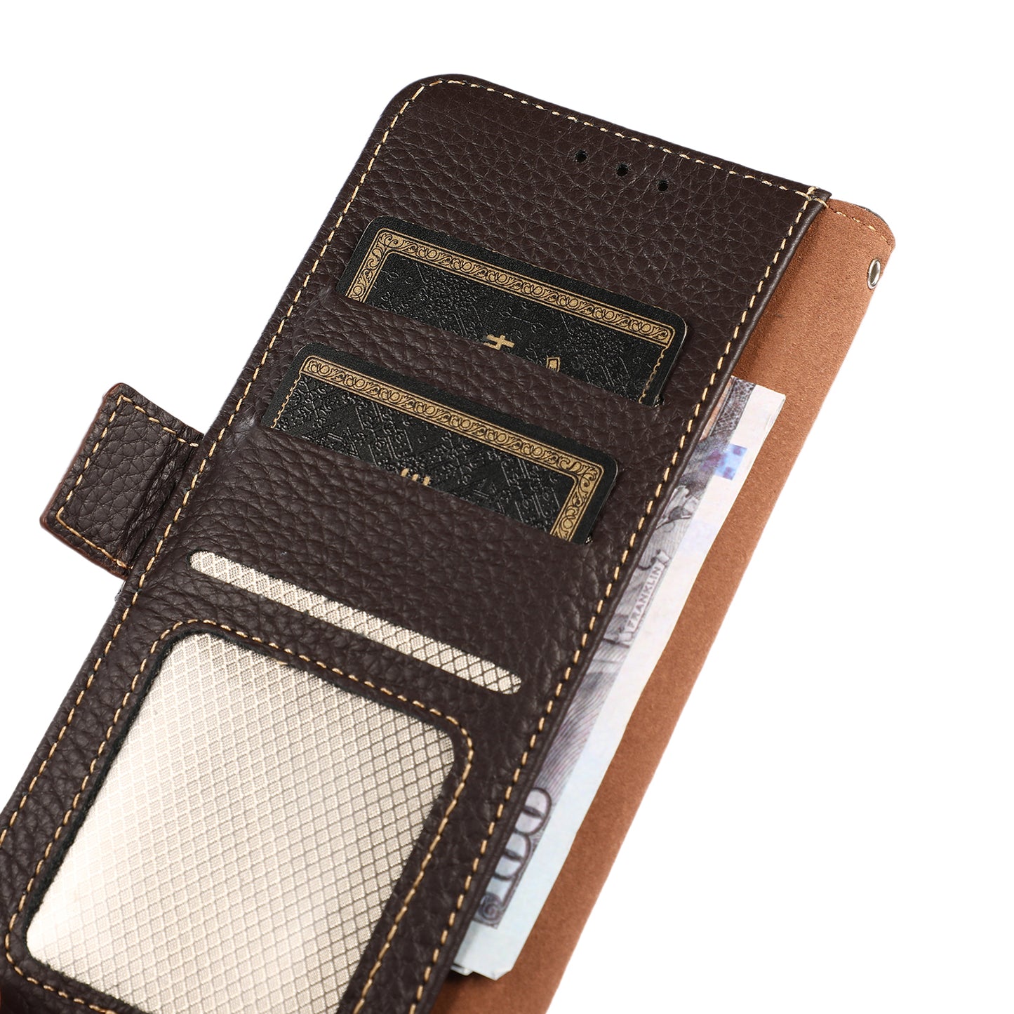KHAZNEH Litchi Texture Genuine Leather RFID Blocking Well-Protected Phone Case with Anti-theft Swiping Design for Sony Xperia 5 III 5G