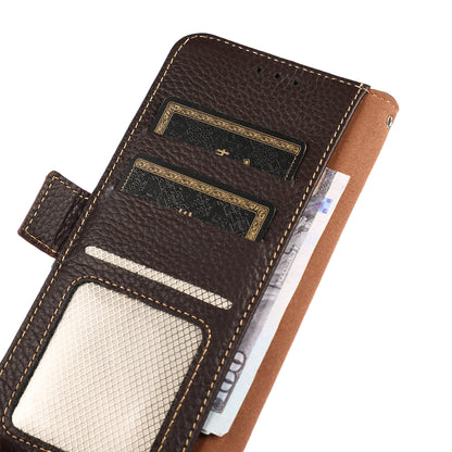 KHAZNEH Litchi Texture Genuine Leather RFID Blocking Well-Protected Phone Case with Anti-theft Swiping Design for Sony Xperia 5 III 5G