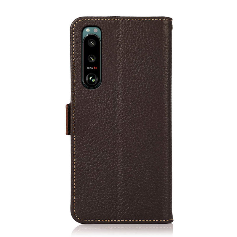 KHAZNEH Litchi Texture Genuine Leather RFID Blocking Well-Protected Phone Case with Anti-theft Swiping Design for Sony Xperia 5 III 5G
