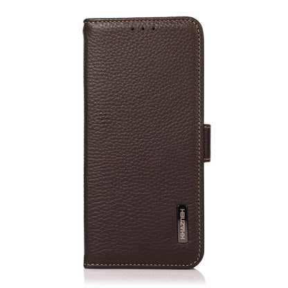 KHAZNEH Litchi Texture Genuine Leather RFID Blocking Well-Protected Phone Case with Anti-theft Swiping Design for Sony Xperia 5 III 5G