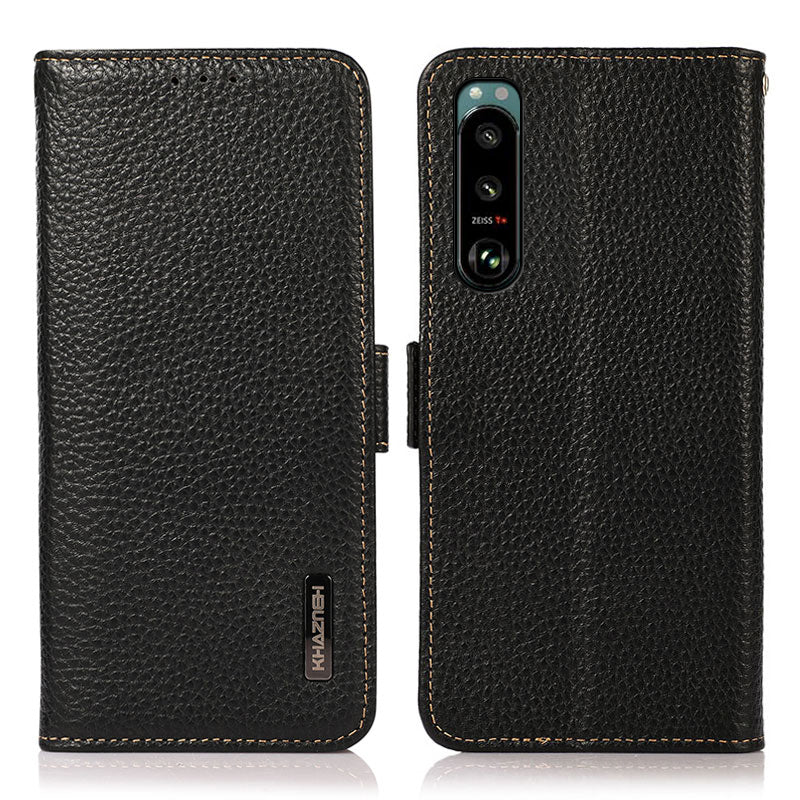 KHAZNEH Litchi Texture Genuine Leather RFID Blocking Well-Protected Phone Case with Anti-theft Swiping Design for Sony Xperia 5 III 5G