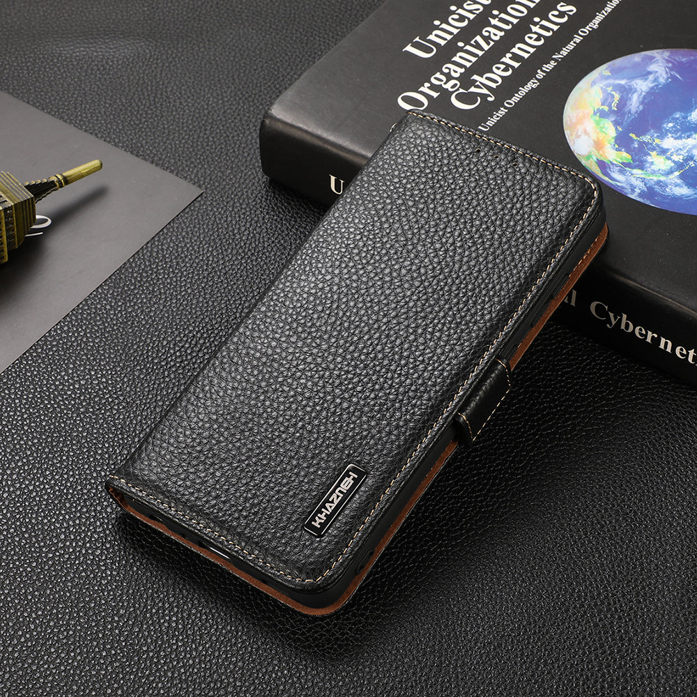 KHAZNEH Litchi Texture Genuine Leather RFID Blocking Well-Protected Phone Case with Anti-theft Swiping Design for Sony Xperia 5 III 5G