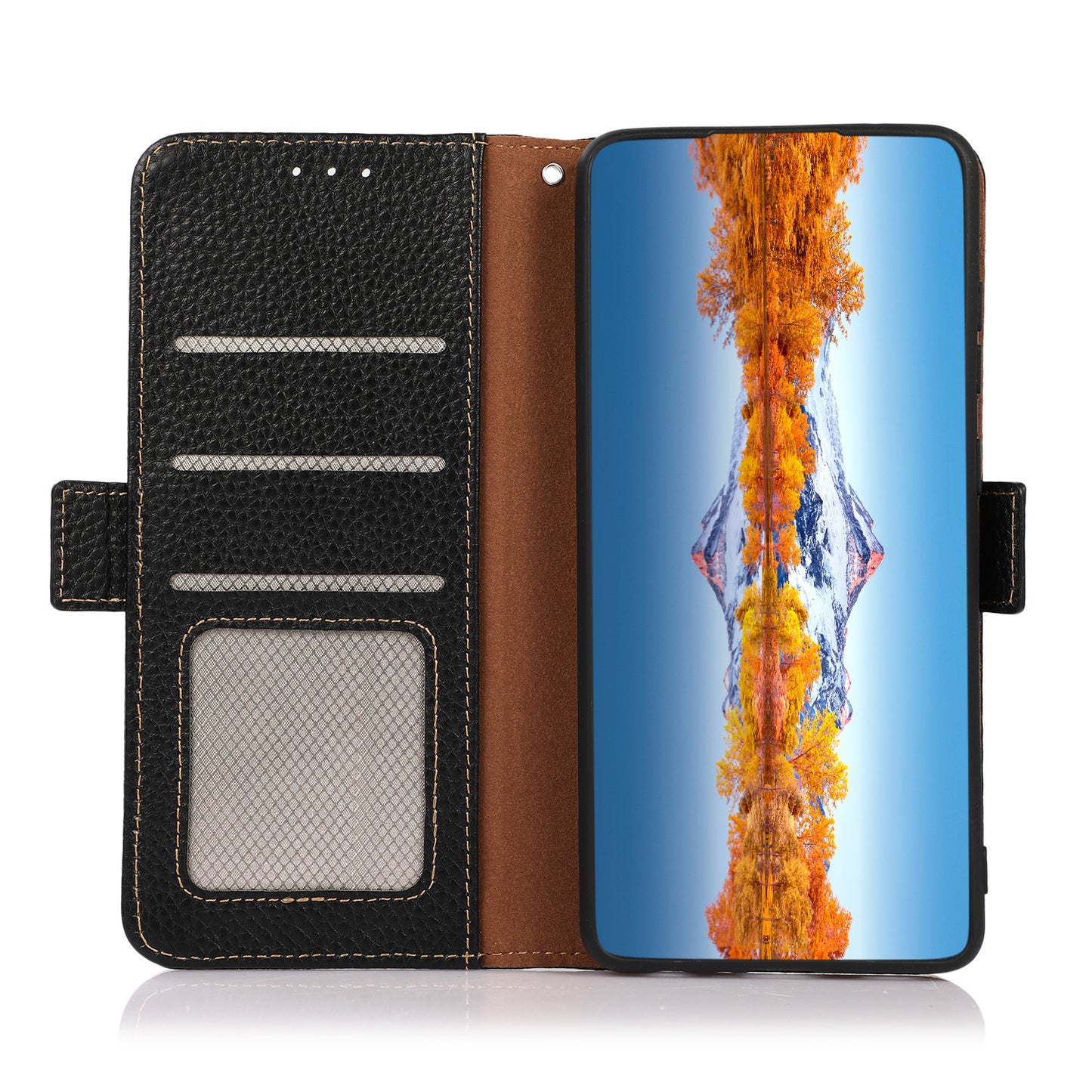 KHAZNEH Litchi Texture Genuine Leather RFID Blocking Well-Protected Phone Case with Anti-theft Swiping Design for Sony Xperia 5 III 5G