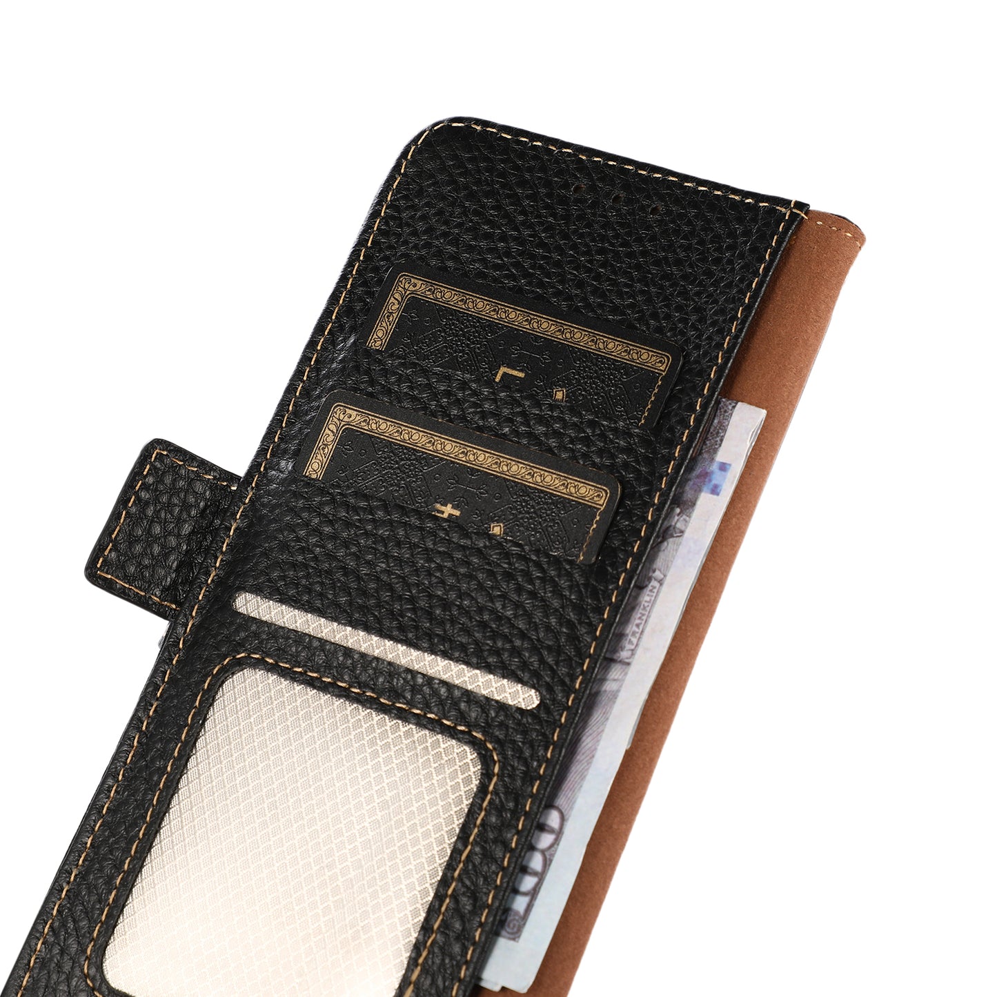KHAZNEH Litchi Texture Genuine Leather RFID Blocking Well-Protected Phone Case with Anti-theft Swiping Design for Sony Xperia 5 III 5G