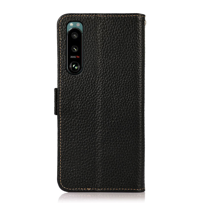 KHAZNEH Litchi Texture Genuine Leather RFID Blocking Well-Protected Phone Case with Anti-theft Swiping Design for Sony Xperia 5 III 5G