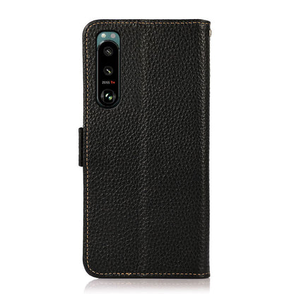KHAZNEH Litchi Texture Genuine Leather RFID Blocking Well-Protected Phone Case with Anti-theft Swiping Design for Sony Xperia 5 III 5G