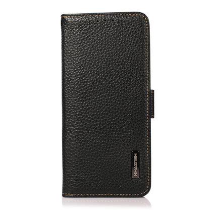 KHAZNEH Litchi Texture Genuine Leather RFID Blocking Well-Protected Phone Case with Anti-theft Swiping Design for Sony Xperia 5 III 5G