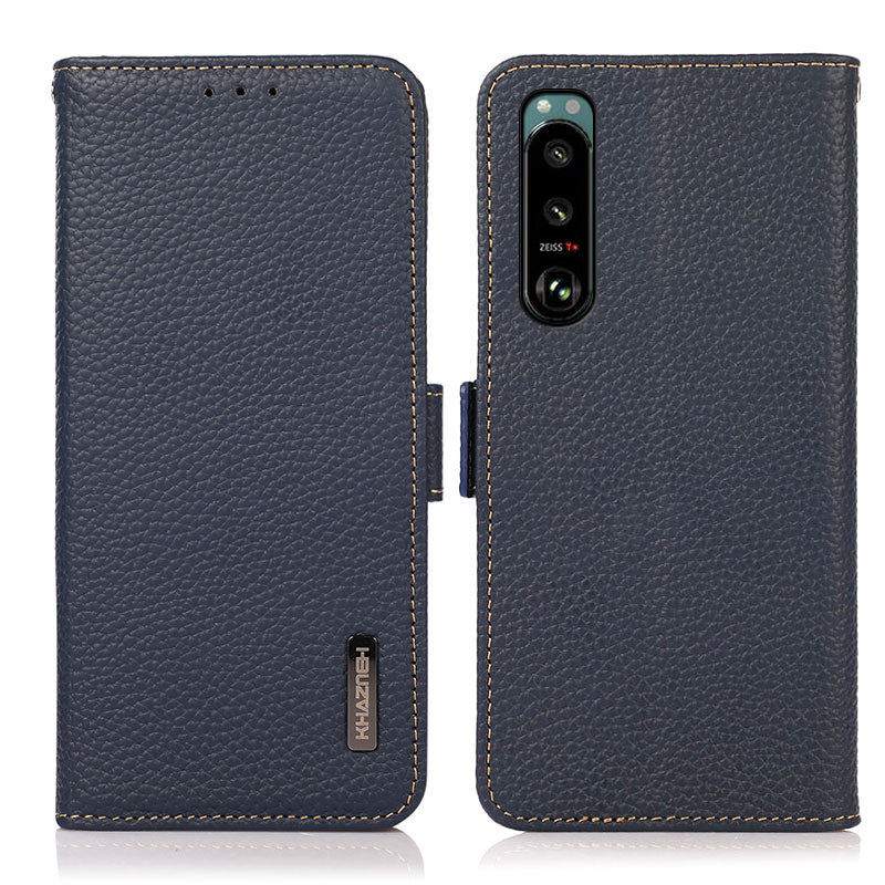 KHAZNEH Litchi Texture Genuine Leather RFID Blocking Well-Protected Phone Case with Anti-theft Swiping Design for Sony Xperia 5 III 5G