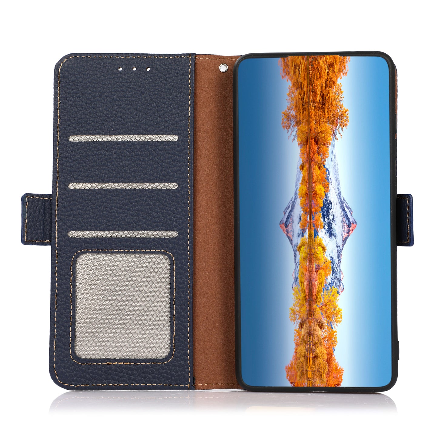 KHAZNEH Litchi Texture Genuine Leather RFID Blocking Well-Protected Phone Case with Anti-theft Swiping Design for Sony Xperia 5 III 5G