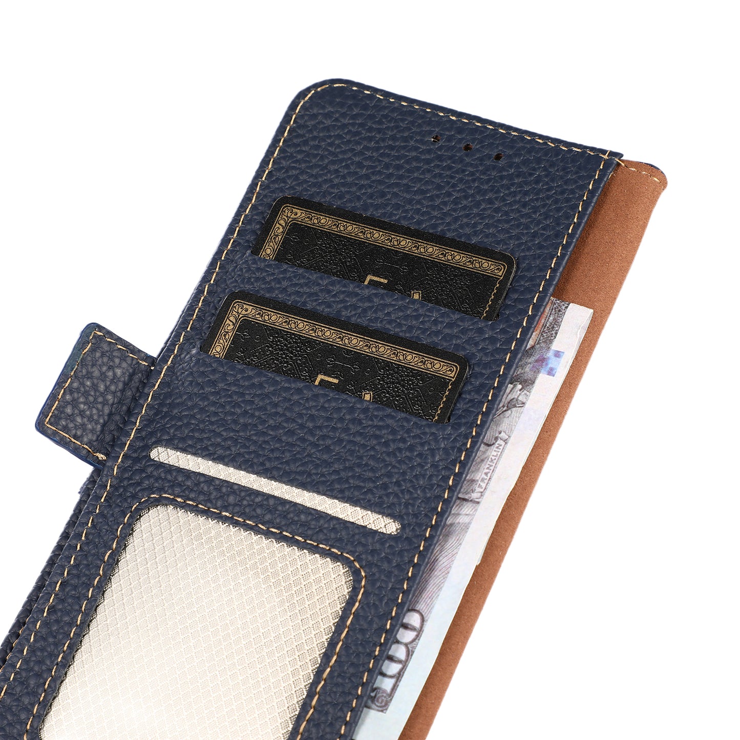 KHAZNEH Litchi Texture Genuine Leather RFID Blocking Well-Protected Phone Case with Anti-theft Swiping Design for Sony Xperia 5 III 5G