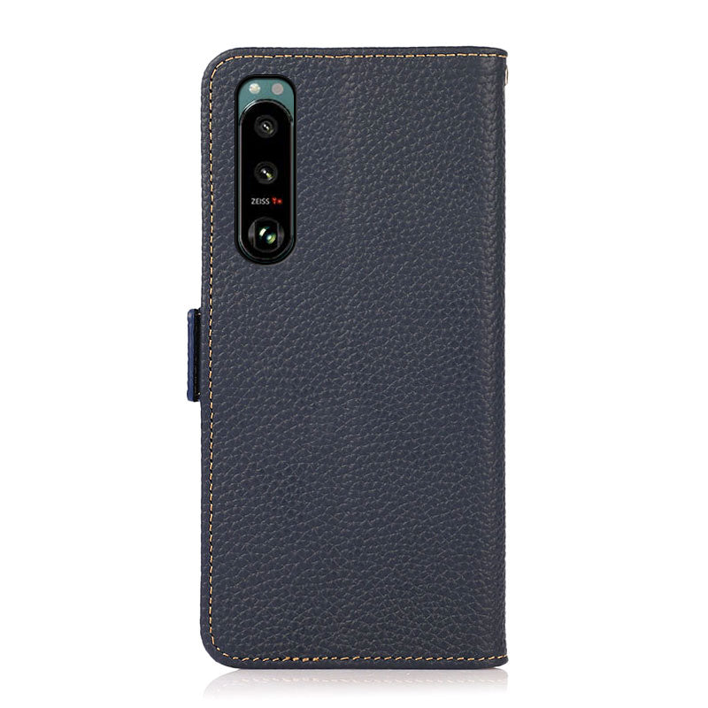 KHAZNEH Litchi Texture Genuine Leather RFID Blocking Well-Protected Phone Case with Anti-theft Swiping Design for Sony Xperia 5 III 5G