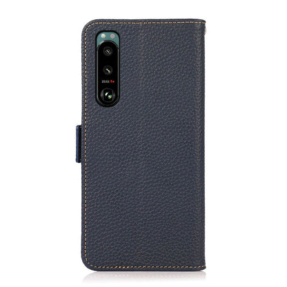 KHAZNEH Litchi Texture Genuine Leather RFID Blocking Well-Protected Phone Case with Anti-theft Swiping Design for Sony Xperia 5 III 5G