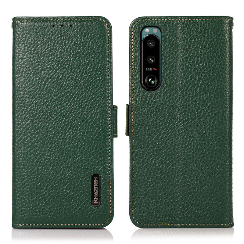 KHAZNEH Litchi Texture Genuine Leather RFID Blocking Well-Protected Phone Case with Anti-theft Swiping Design for Sony Xperia 5 III 5G