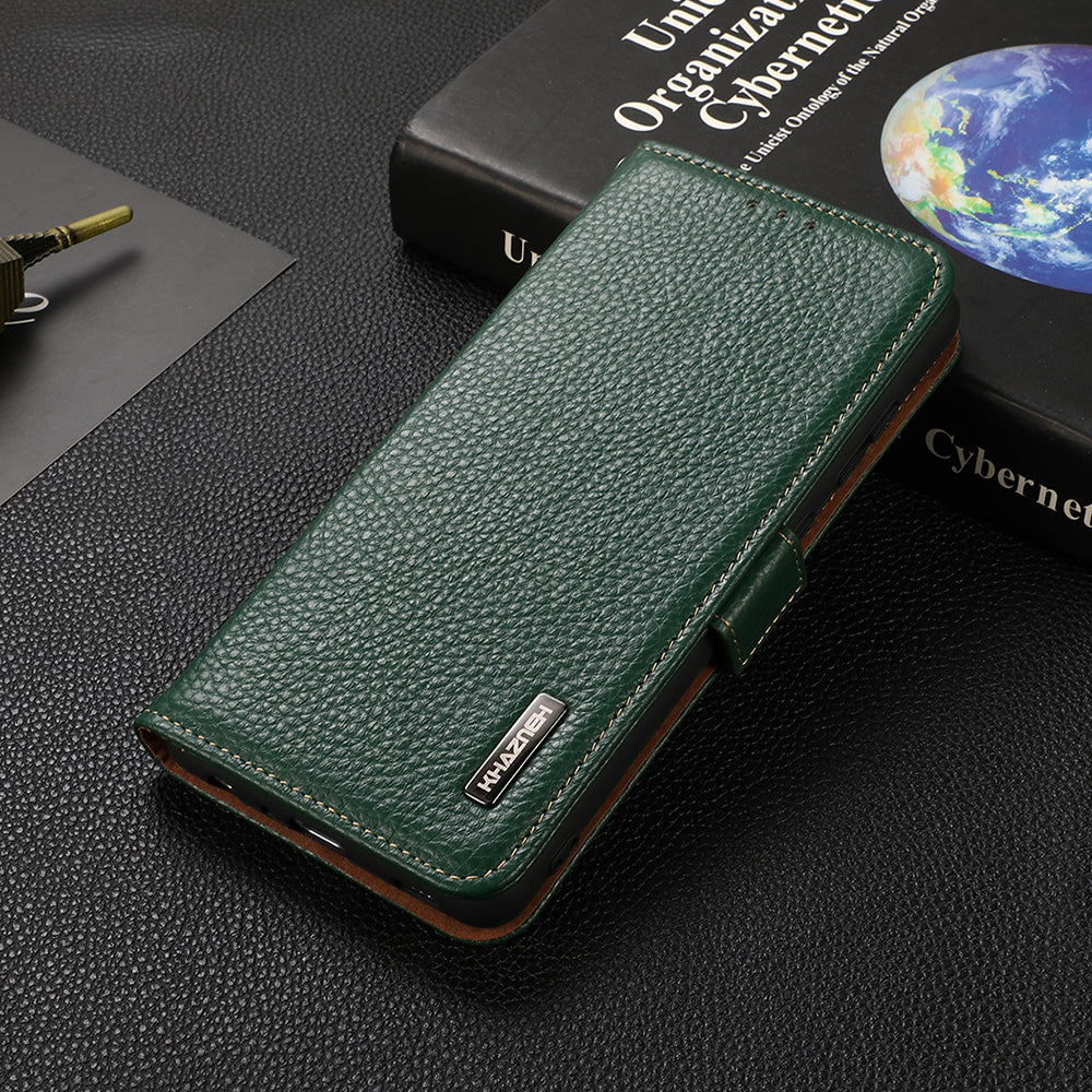 KHAZNEH Litchi Texture Genuine Leather RFID Blocking Well-Protected Phone Case with Anti-theft Swiping Design for Sony Xperia 5 III 5G