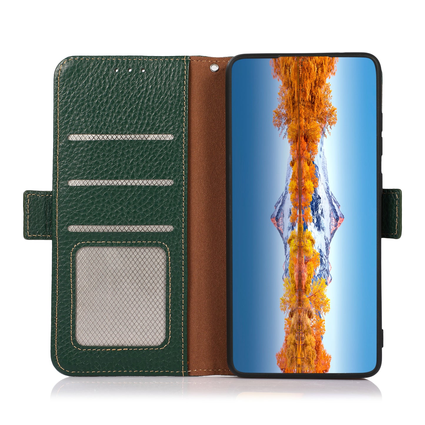KHAZNEH Litchi Texture Genuine Leather RFID Blocking Well-Protected Phone Case with Anti-theft Swiping Design for Sony Xperia 5 III 5G