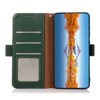 KHAZNEH Litchi Texture Genuine Leather RFID Blocking Well-Protected Phone Case with Anti-theft Swiping Design for Sony Xperia 5 III 5G