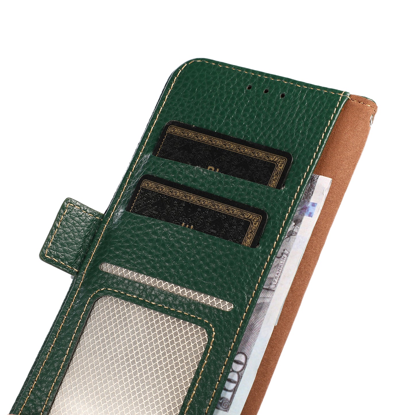 KHAZNEH Litchi Texture Genuine Leather RFID Blocking Well-Protected Phone Case with Anti-theft Swiping Design for Sony Xperia 5 III 5G