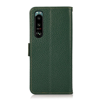 KHAZNEH Litchi Texture Genuine Leather RFID Blocking Well-Protected Phone Case with Anti-theft Swiping Design for Sony Xperia 5 III 5G