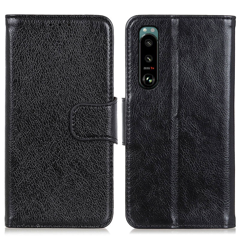 Full-Protection Nappa Texture Wallet Design Split Leather Stand Phone Cover Shell for Sony Xperia 5 III 5G