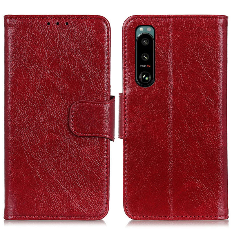 Full-Protection Nappa Texture Wallet Design Split Leather Stand Phone Cover Shell for Sony Xperia 5 III 5G