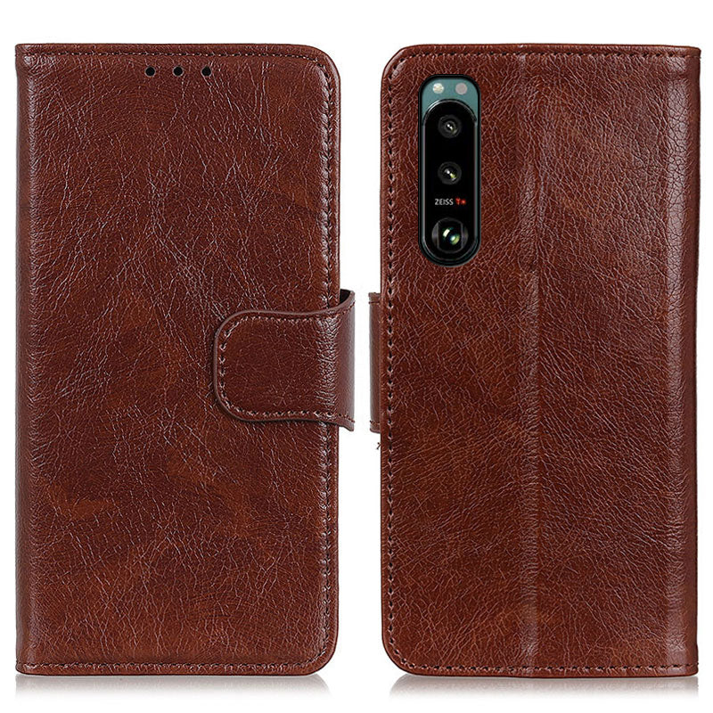 Full-Protection Nappa Texture Wallet Design Split Leather Stand Phone Cover Shell for Sony Xperia 5 III 5G
