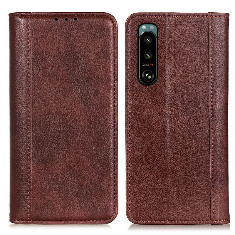 Auto-absorbed Litchi Texture Split Leather Case Stand Cover with Wallet for Sony Xperia 5 III 5G