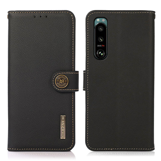 KHAZNEH Genuine Leather Phone Shell Full Coverage Case with RFID Blocking Anti-theft Swiping Design for Sony Xperia 5 III 5G