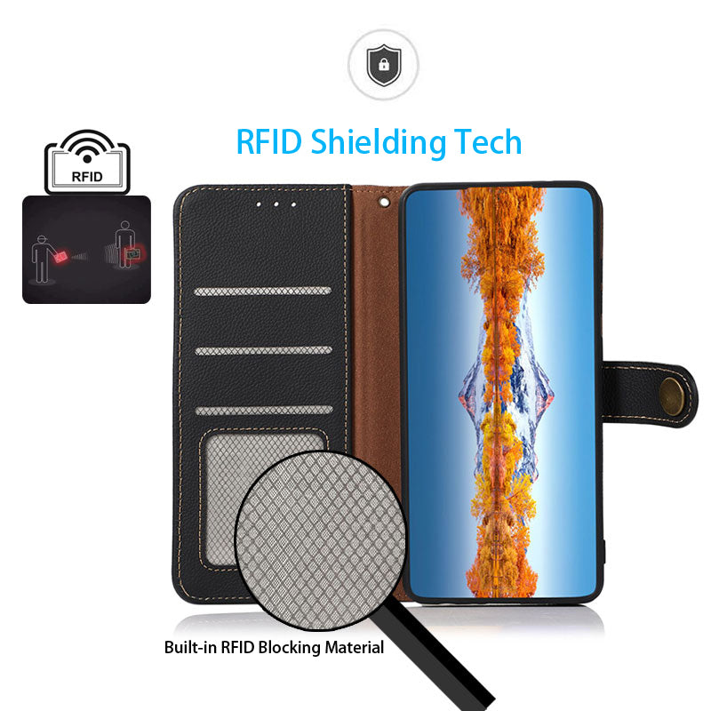 KHAZNEH Genuine Leather Phone Shell Full Coverage Case with RFID Blocking Anti-theft Swiping Design for Sony Xperia 5 III 5G