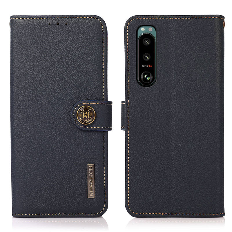 KHAZNEH Genuine Leather Phone Shell Full Coverage Case with RFID Blocking Anti-theft Swiping Design for Sony Xperia 5 III 5G