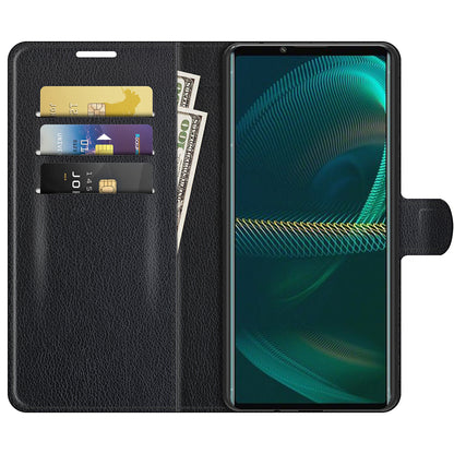 Litchi Skin Phone Case Folio Flip Leather Phone Cover with Stand for Sony Xperia 5 III 5G