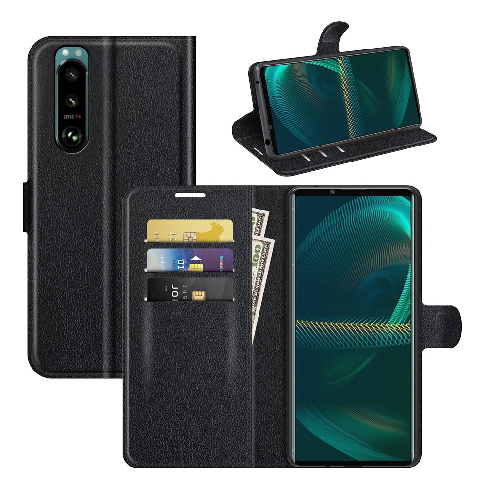 Litchi Skin Phone Case Folio Flip Leather Phone Cover with Stand for Sony Xperia 5 III 5G