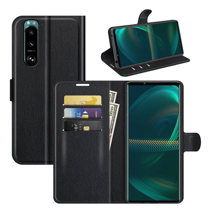 Litchi Skin Phone Case Folio Flip Leather Phone Cover with Stand for Sony Xperia 5 III 5G