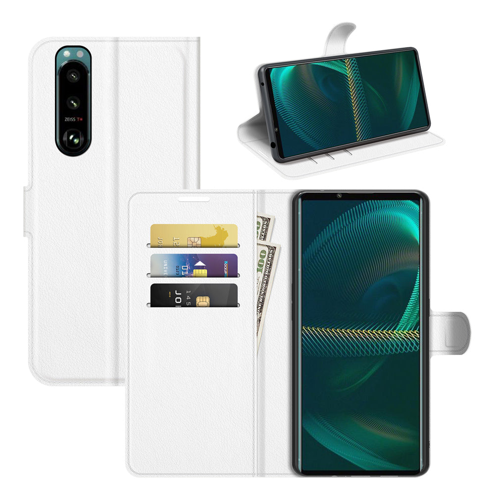 Litchi Skin Phone Case Folio Flip Leather Phone Cover with Stand for Sony Xperia 5 III 5G