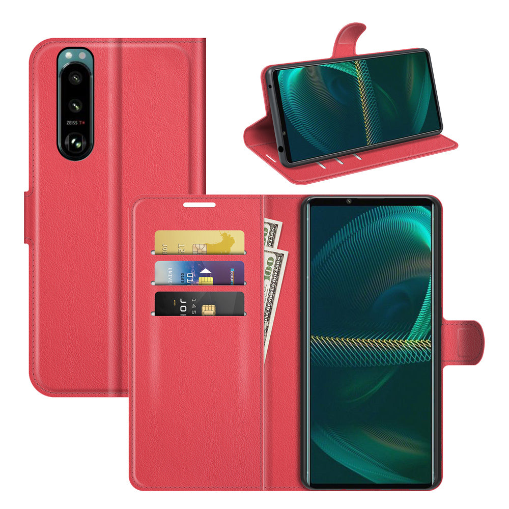 Litchi Skin Phone Case Folio Flip Leather Phone Cover with Stand for Sony Xperia 5 III 5G