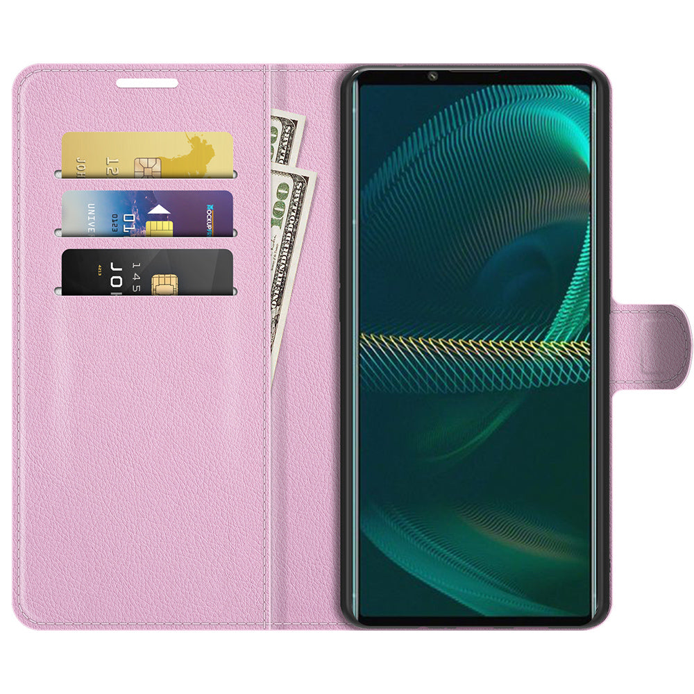 Litchi Skin Phone Case Folio Flip Leather Phone Cover with Stand for Sony Xperia 5 III 5G
