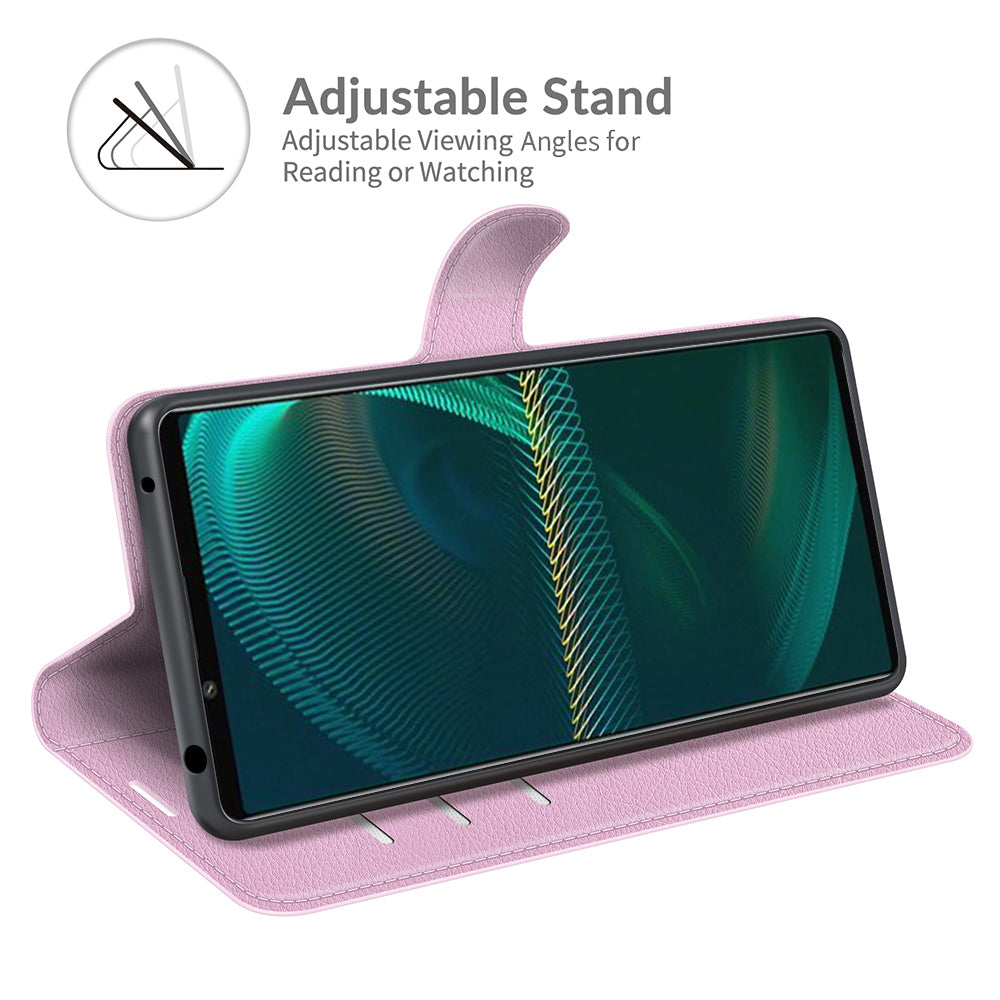 Litchi Skin Phone Case Folio Flip Leather Phone Cover with Stand for Sony Xperia 5 III 5G