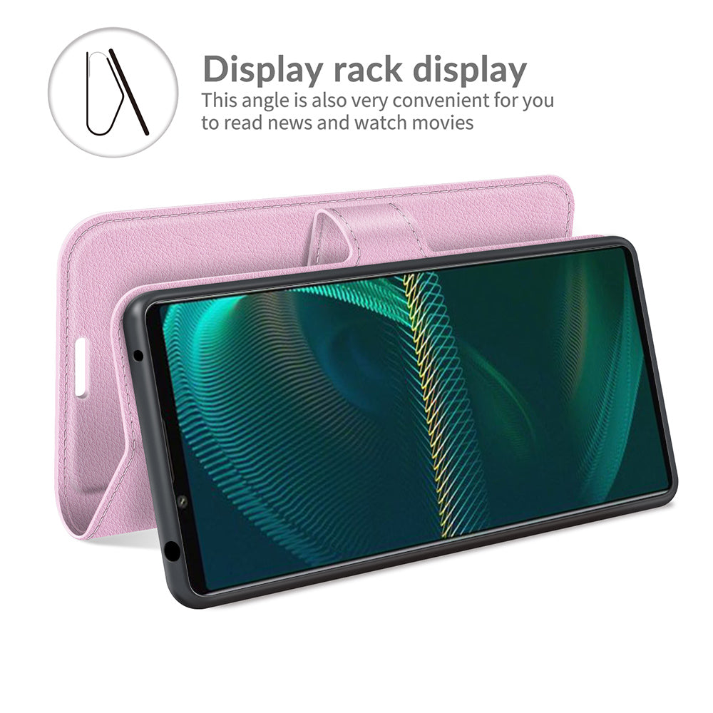 Litchi Skin Phone Case Folio Flip Leather Phone Cover with Stand for Sony Xperia 5 III 5G
