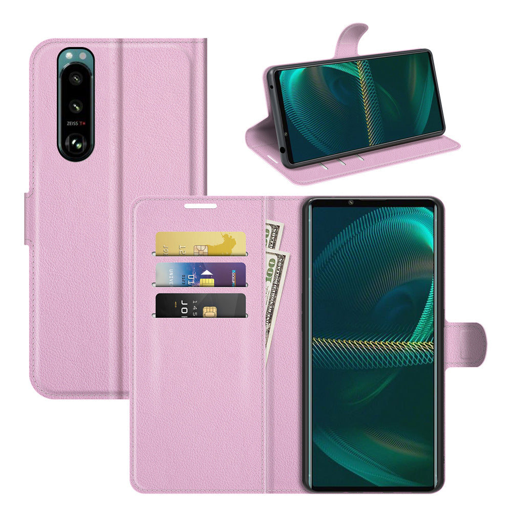 Litchi Skin Phone Case Folio Flip Leather Phone Cover with Stand for Sony Xperia 5 III 5G