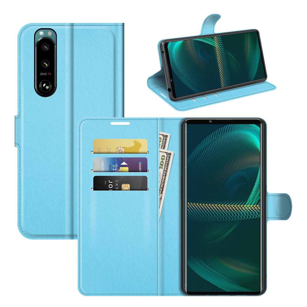 Litchi Skin Phone Case Folio Flip Leather Phone Cover with Stand for Sony Xperia 5 III 5G