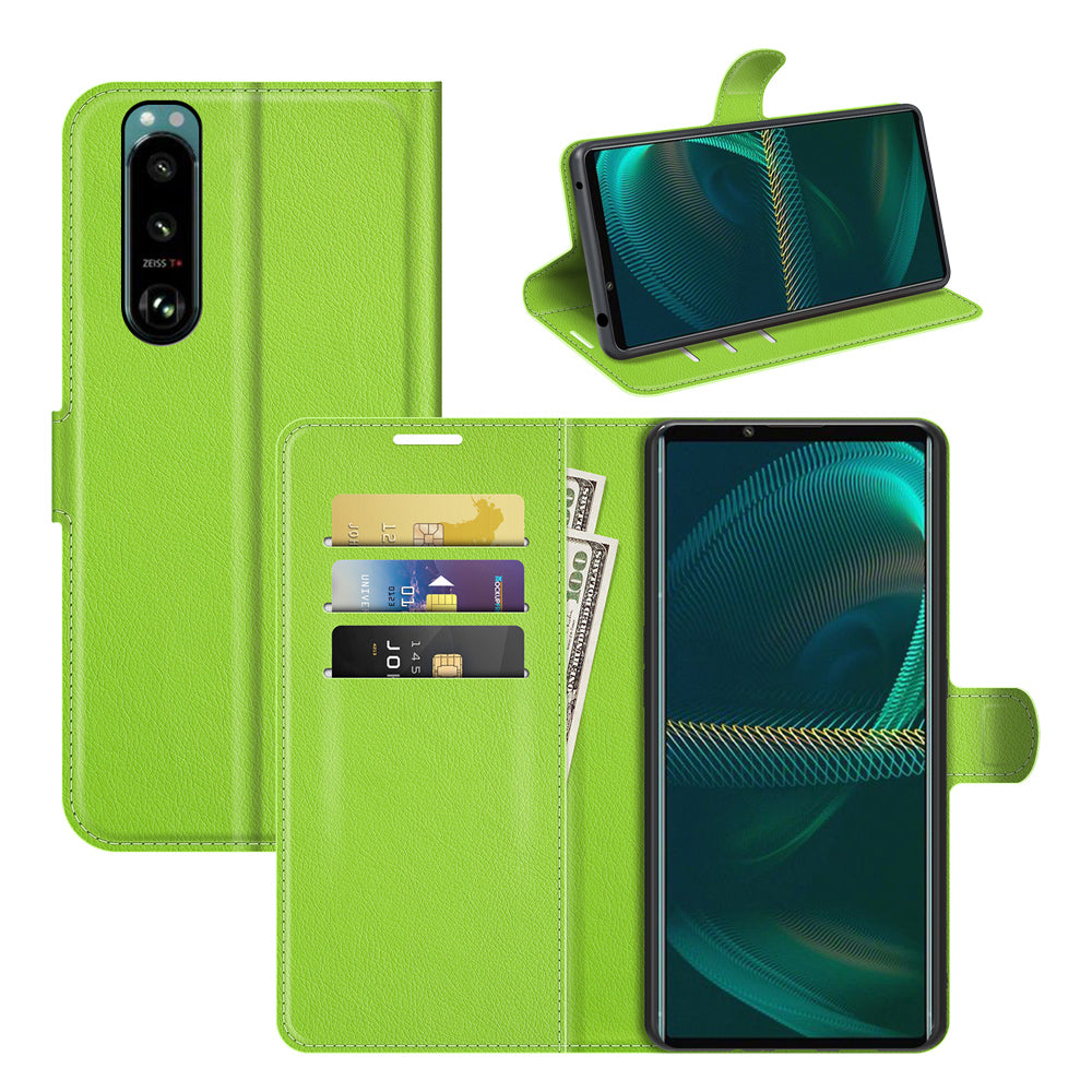 Litchi Skin Phone Case Folio Flip Leather Phone Cover with Stand for Sony Xperia 5 III 5G
