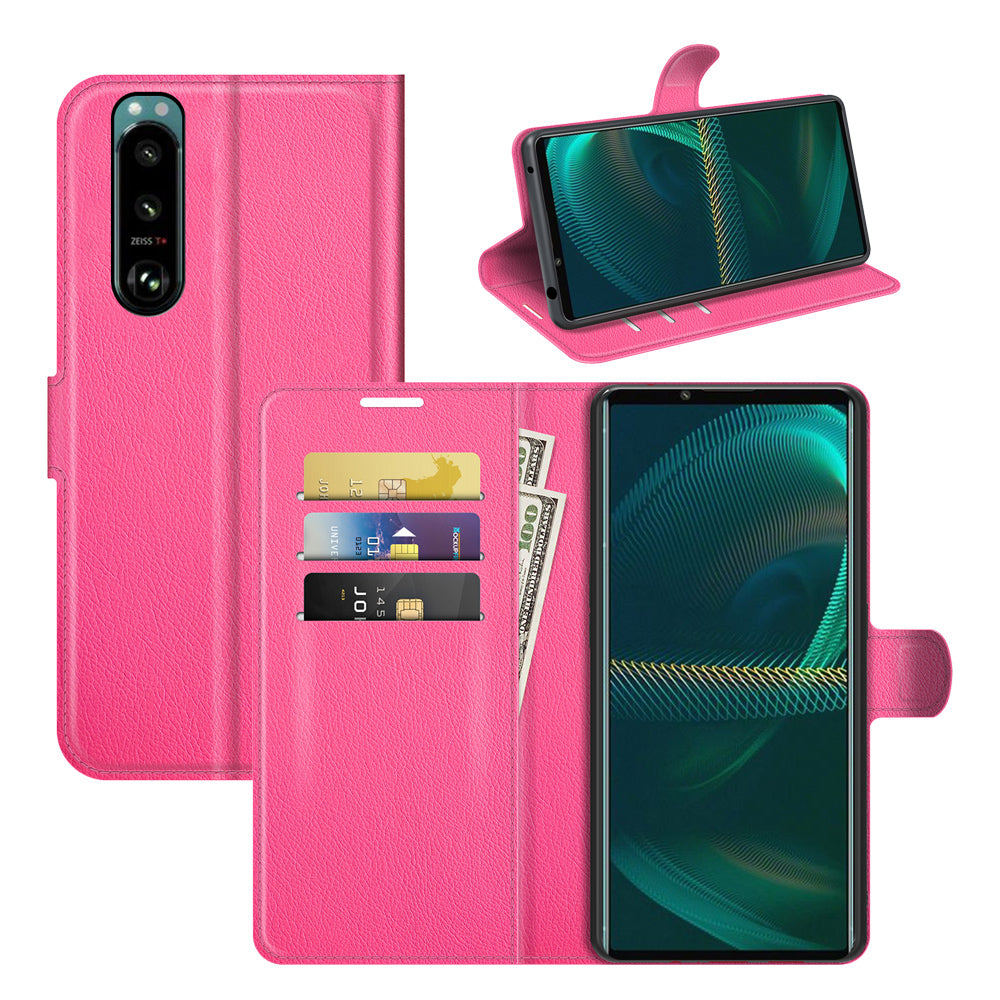 Litchi Skin Phone Case Folio Flip Leather Phone Cover with Stand for Sony Xperia 5 III 5G